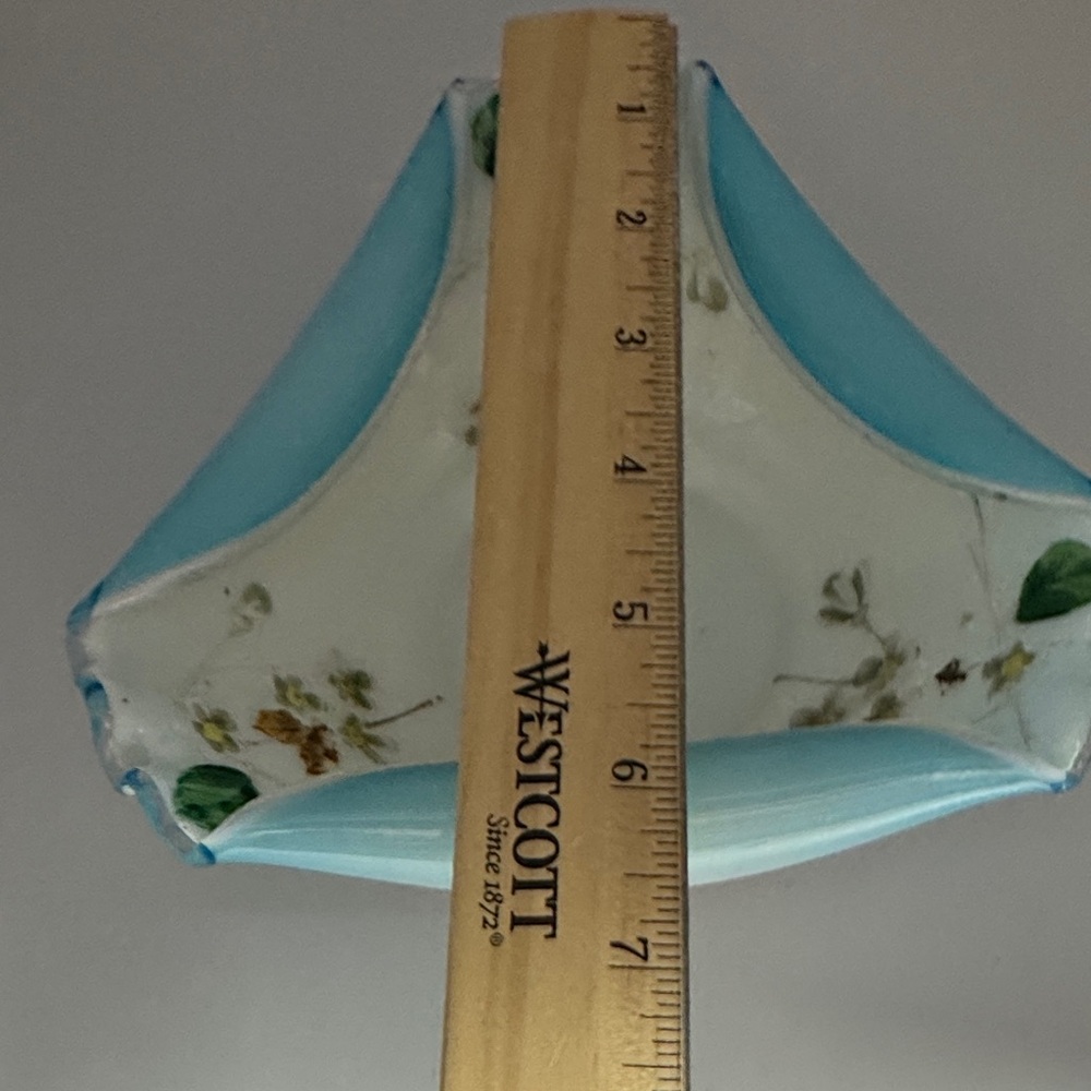 Hand Blown and Hand Painted Floral Blue and White Trinket or Candy Dish - Picture 4 of 5
